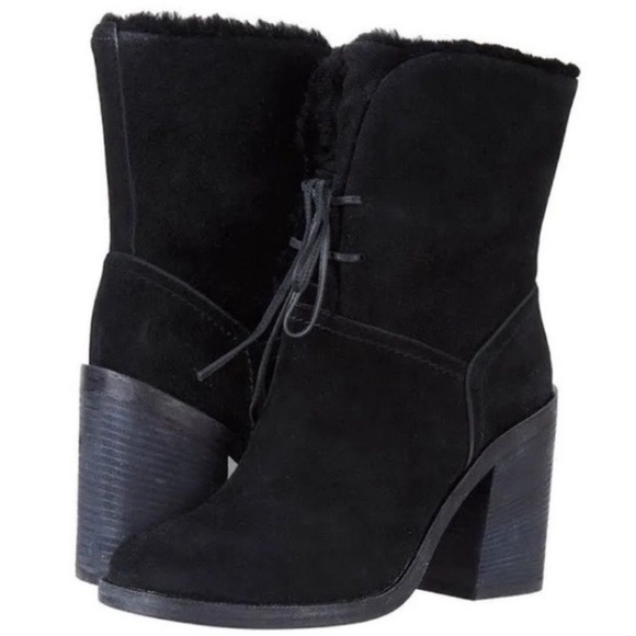 UGG Shoes - UGG|| Jerene Genuine Shearling Black Suede Block Heel Fold Over Boots Size 10